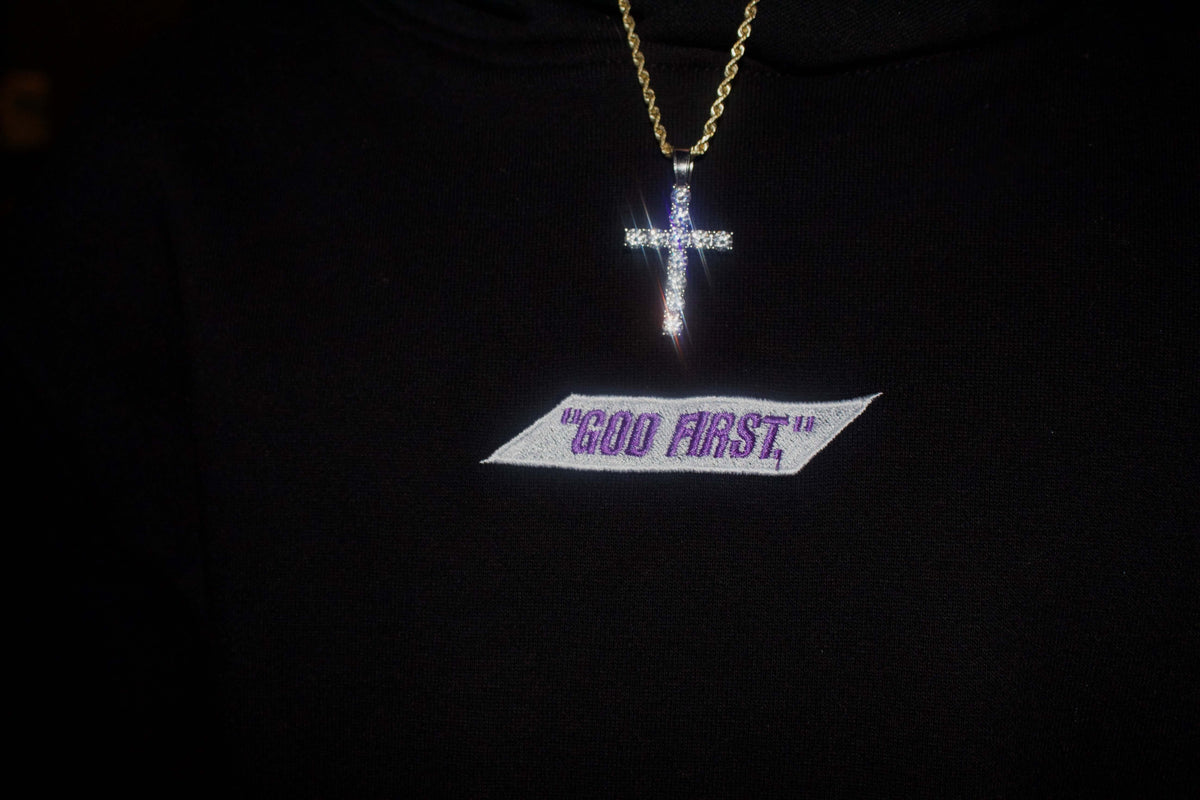 “God First” Purple Logo Hoodie - Swift Goods Clothing Brand 